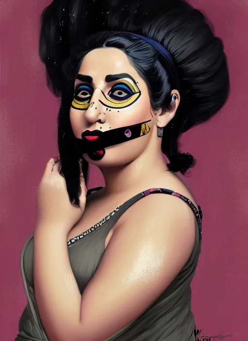 Image similar to portrait of a plump egyptian woman with a crooked nose and a confident expression, 1 9 6 0 s, black clothes, goth, punk, brightly coloured hair, funk, intricate, elegant, highly detailed, digital painting, artstation, concept art, smooth, sharp focus, illustration, art by wlop, mars ravelo and greg rutkowski