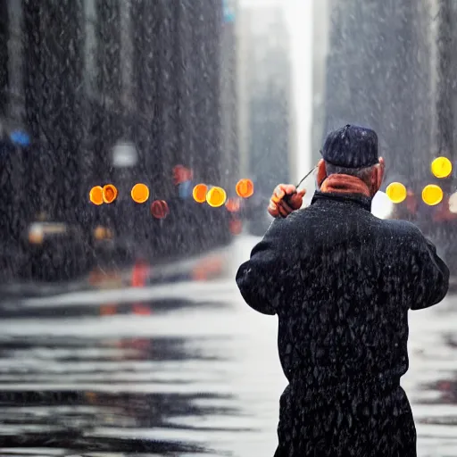 Image similar to closeup portrait of a man fishing in a rainy new york street, photography, natural light