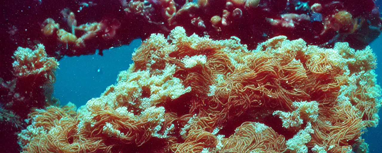 Image similar to spaghetti growing underwater in a corral reef, sigma 1 0 0 mm, in the style jacques cousteau, kodachrome