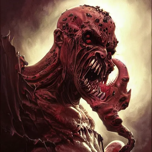 Image similar to Dark Fantasy Painting of a hulking muscular demonic flesh creature with drool dripping from its mouth, creepy, unsettling, horror, upper body, intricate, wild, highly detailed, digital painting, artstation, concept art, smooth, sharp focus, illustration, art by artgerm and greg rutkowski and alphonse mucha