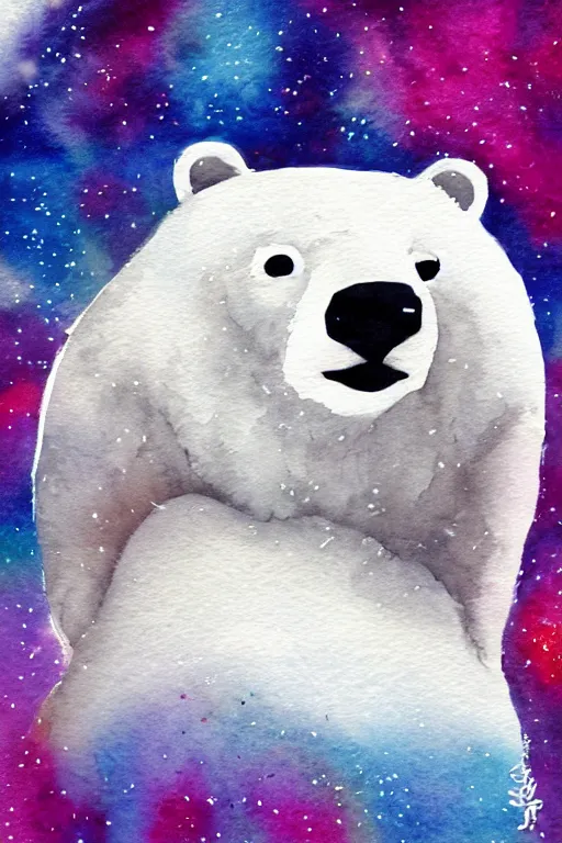 Image similar to a cute anime polar bear holding a thick dark ring, watercolor, white background, lovely