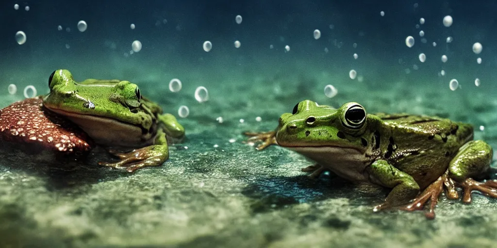 Image similar to a very intricately detailed underwater photo of a frogs cuddling. a lot of bubbles, diffracting the light. small curious fish in the background. extreme detail, artstation hq, 8 k