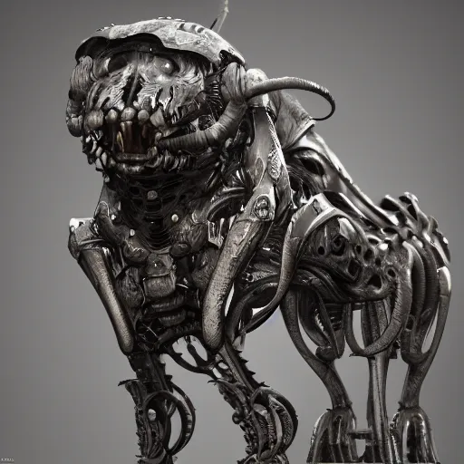 Image similar to bio mechanical dog, intricate detail, royo, vallejo, frazetta, giger, bosch, klimt, whealan, hd, unreal engine,