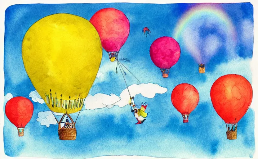 Prompt: hot air balloon flying through the sky, double rainbow, illustration by dr seuss, oh! the places you'll go, watercolor