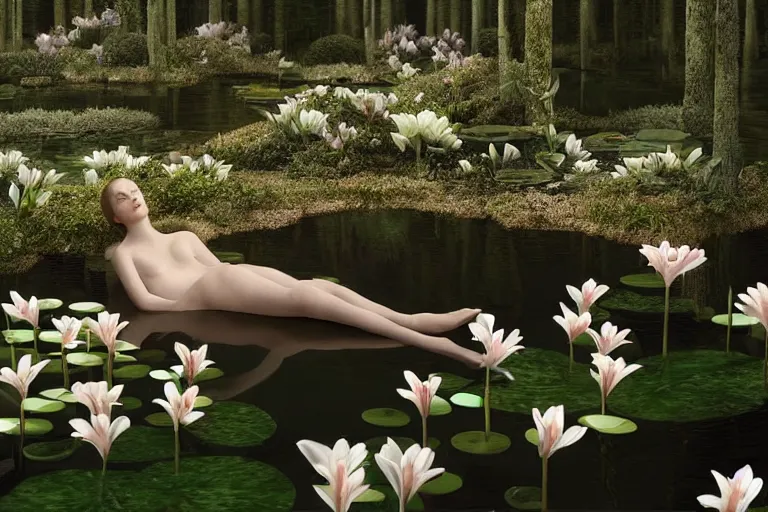 Image similar to hyperrealistic cinematic 3 d scene of a woman's porcelain face floating in a pond, surrounded by a forrest of lillies, deep focus, intricate, elegant, highly detailed, matte, sharp focus, by bill henson and gregory crewdson and james jean and daniel arsham