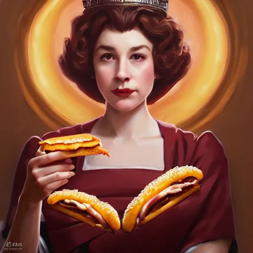 Image similar to Queen Elizabeth II eating cheesesteaks, dripping BBQ Sauce, serving burgers, D&D, spilling ketchup, fantasy, intricate, elegant, highly detailed, digital painting, artstation, concept art, matte, sharp focus, illustration, hearthstone, art by Artgerm and Greg Rutkowski and Alphonse Mucha