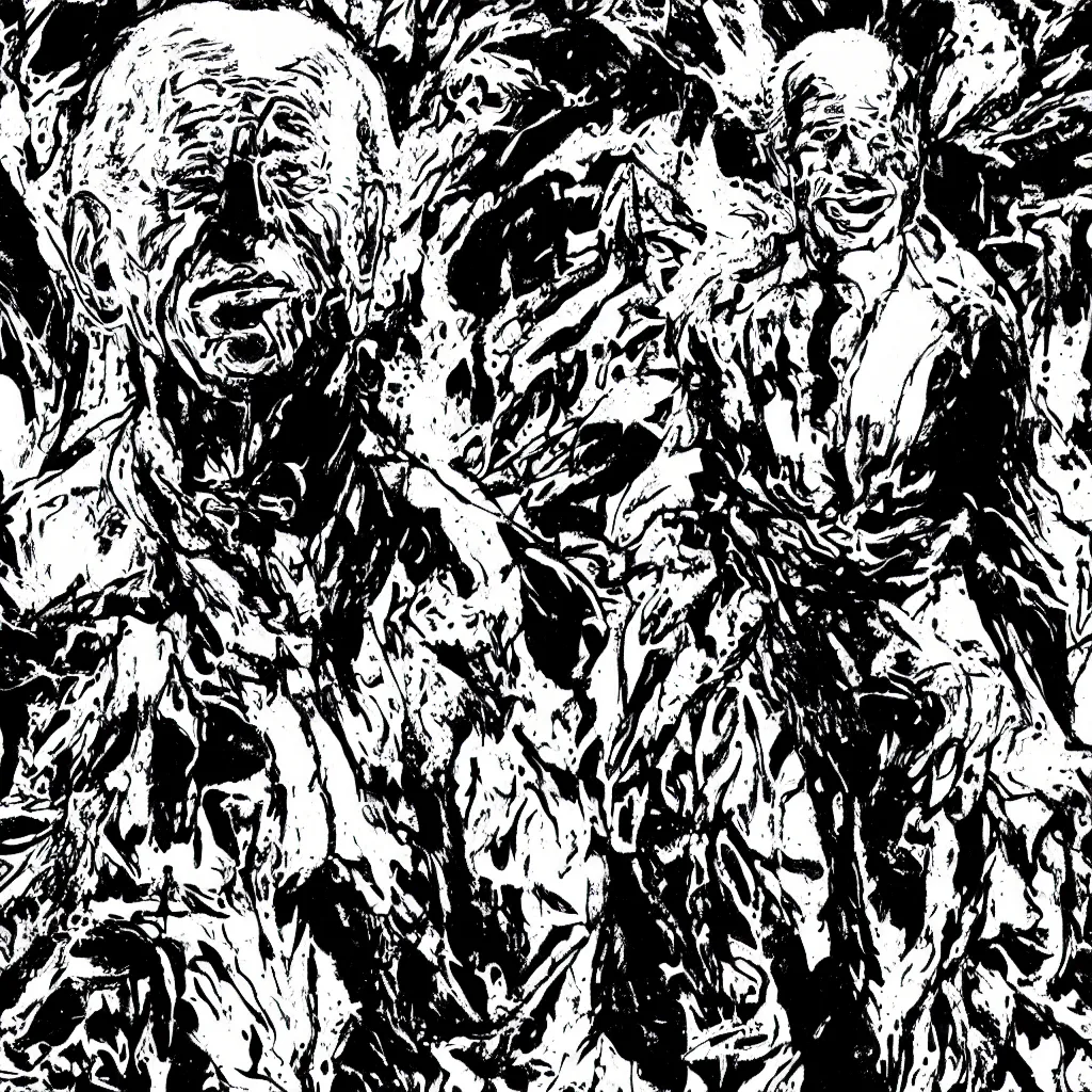 Image similar to Joe Biden full body portrait, body horror, black and white Illustration by Junji Ito