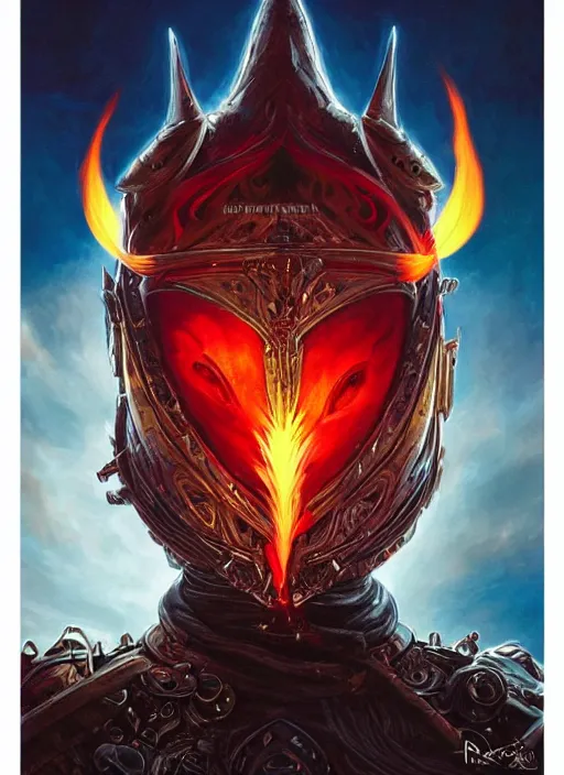 Image similar to highly detailed portrait of knight's helmet reflecting red dragon reflection detailed, 8 k blocking flames fire, green eyes, fantasy art by by simon bisley, loish, rhads, ferdinand knab, makoto shinkai and lois van baarle, ilya kuvshinov, rossdraws, tom bagshaw, global illumination, radiant light, detailed and intricate environment