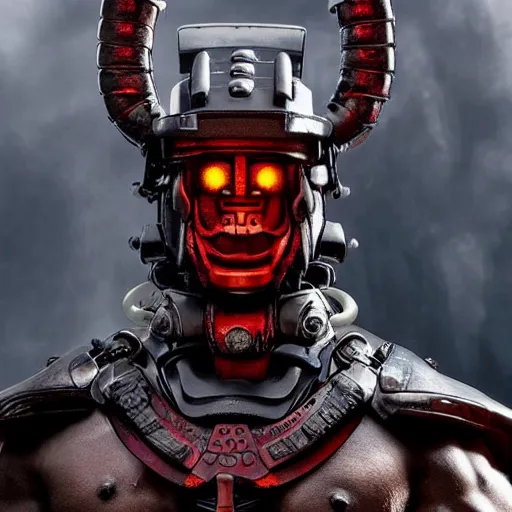 Prompt: very big very buff very strong very huge samurai wearing a futuristic cybernetic scifi oni mask, movie still