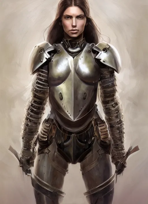 Image similar to a professional photographic portrait of a beautiful young female, clothed in battle armor, exposed waist, olive skin, long dark hair, beautiful bone structure, symmetrical facial features, intricate, elegant, digital painting, concept art, smooth, sharp focus, illustration, beautifully framed, from Metal Gear, by Ruan Jia and Mandy Jurgens and Artgerm and William-Adolphe Bouguerea