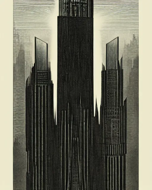 Image similar to image in the style of Hugh Ferriss. Black and dark grey. Tall, wide, imposing building in a dramatically lit metropolis. eerie. incomprehensible size.