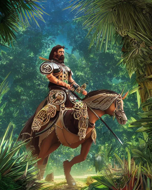 Prompt: 3d render of a spanish conquistador wearing ornate armor in a dense jungle, art by nicola saviori and studio ghibli and disney concept artists, anatomy, symmetric