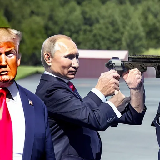 Image similar to photo of putin, trump and biden firing water guns at each other faces