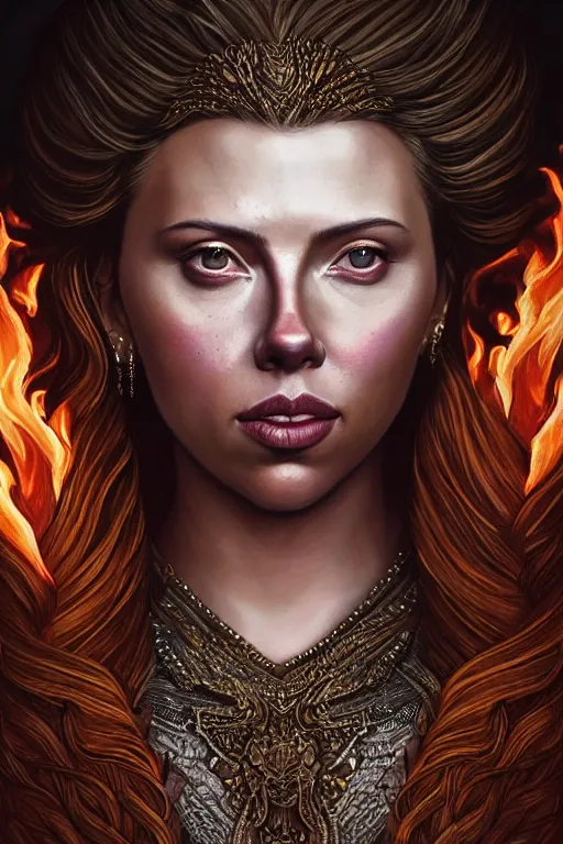 Image similar to majestic and regal portrait of a beautiful young scarlette johansson fire goddess!!, intricate, epic, elegant, menacing, fantasy, highly detailed, digital painting, hard focus, beautiful volumetric lighting, epic light, ultra detailed, souls, smoke, by leesha hannigan, ross tran, thierry doizon, kai carpenter, ignacio fernandez rios