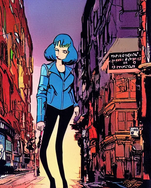 Image similar to young female protagonist in leather jacket, city street, artwork by ralph bakshi