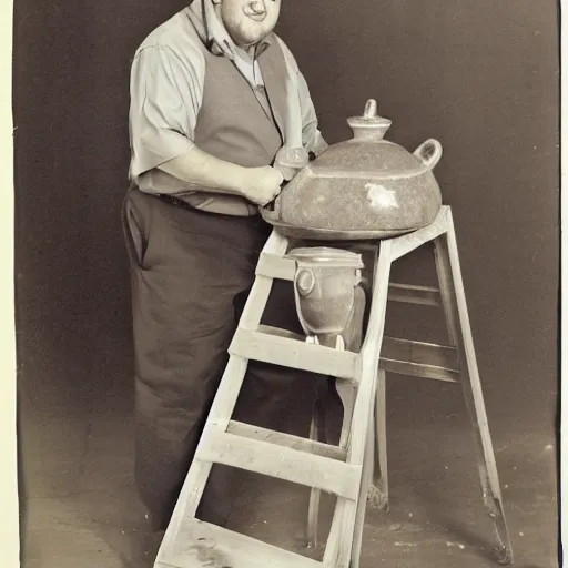 Image similar to johnny vegas making a very large teapot, sitting on a ladder, art school, studio, photorealistic