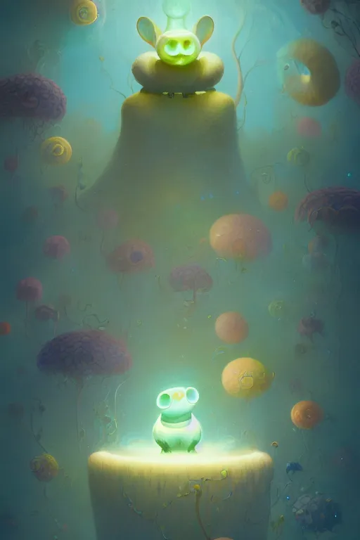 Image similar to a surreal Bioluminescent, very very very cute creature in a happy world by Daniel Merriam, Trending on Artstation, oil on Canvas by Elena Zhurikhina and Goro Fujita and Charlie Bowater, octane render, 4k, 8k, HD