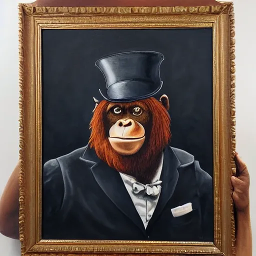 Prompt: framed portrait painting of an anthropomorphized orangutan, wearing a monocle and a small bowler hat, oversized mustache. dark outlining style. highly detailed