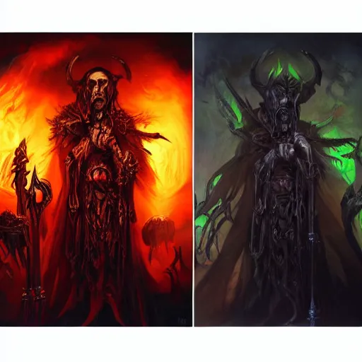 Image similar to a hyper realistic oil painting of a necromancer from diablo, dark fantasy, horror, crypt, skeleton army, retro fantasy,