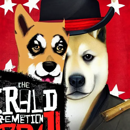 Prompt: shiba inu dog in the cover for red dead redemption 2