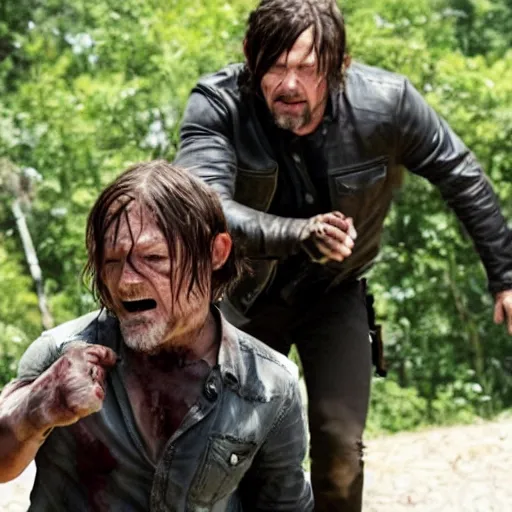 Prompt: Norman reedus fighting off a walker, movie still from the walking dead