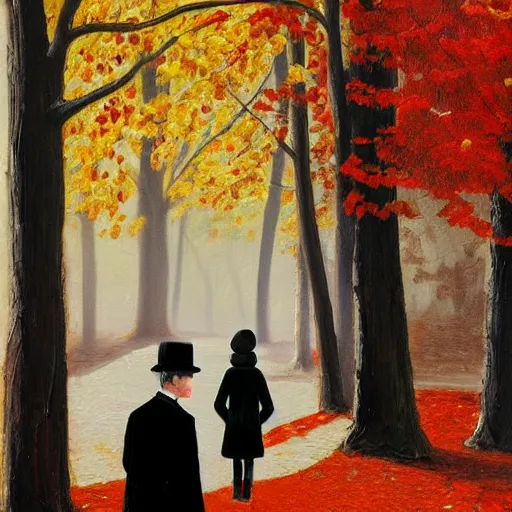 Image similar to A thin man in a black coat and bowler hat talks with small young girl dressed in a red coat and a red hat, park, autumn, Berlin, oil painting style, wide angle, high detail, width 768