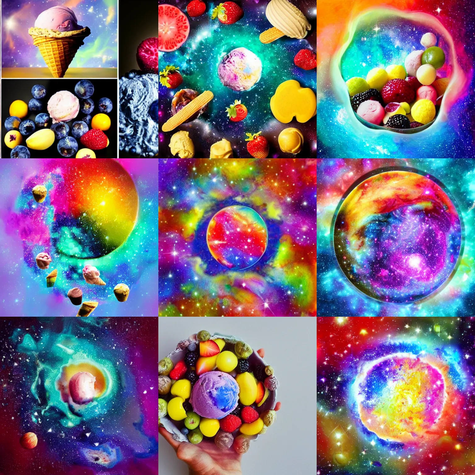 Prompt: A beautiful galaxy made of ice-cream and fruits
