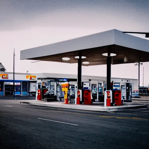 Prompt: blurry dreamlike photo of a gas station in broad daylight