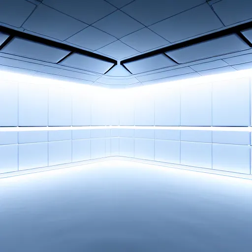 Image similar to a white room 1 2 ft long x 1 0 ft wide x 8 ft tall, geometrically perfect, clean and empty, sci fi spaceship futuristic paneling unreal engine, general studio lighting, 8 k,