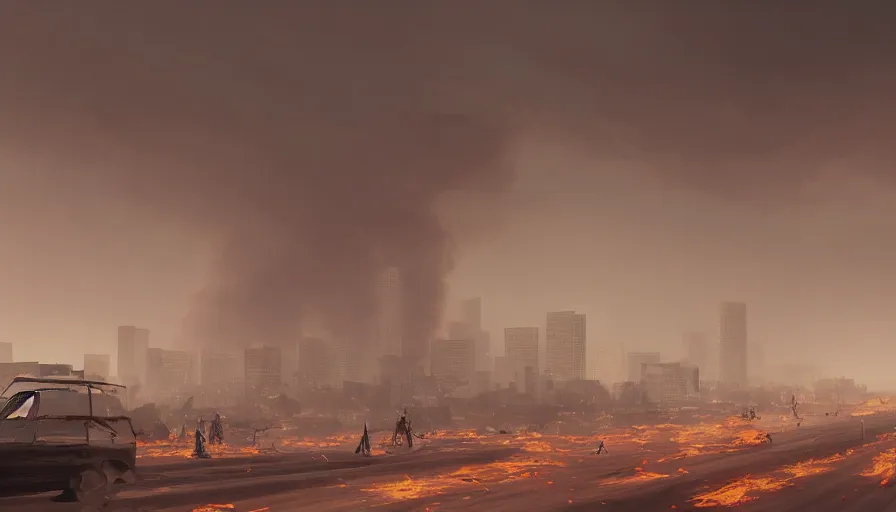 Prompt: Los Angeles under tons of sand during a huge sandstorm with people fleeing and cars on fire, ashes and smoke columns, hyperdetailed, artstation, cgsociety, 8k