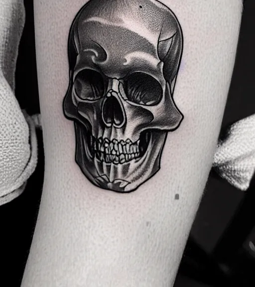 Prompt: a beautiful tattoo design with a creative skull, in the style of den yakovlev, hyper realistic, black and white, realism, highly detailed