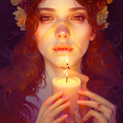Prompt: Portrait of a girl smoking and exhaling being surrounded by floating candles, face, fantasy, intricate, elegant, highly detailed, digital painting, artstation, concept art, smooth, sharp focus, illustration, art by Fernanda Suarez and Artem Demura and alphonse mucha