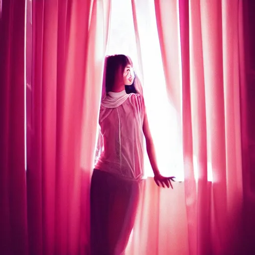 Image similar to photography of asian female models behind white curtains, dramatic light, cinestill, filmstill, bokeh, long exposure, god rays, magic hour, pink light, warm colors