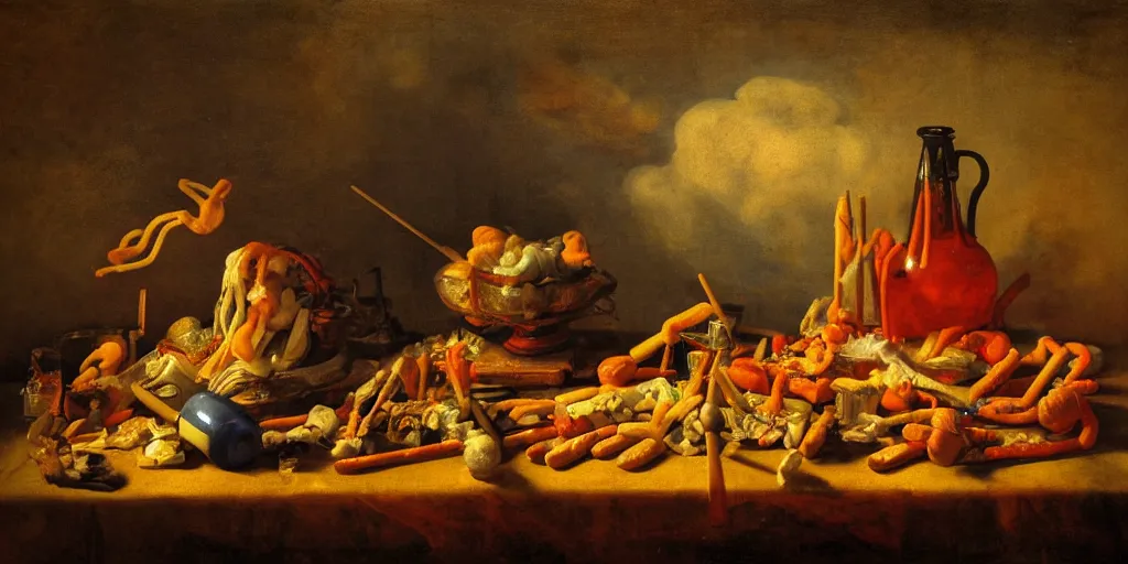 Prompt: a baroque chiaroscuro still life painting of neon hotdogs, popsicles, levitating plastic toys, clouds of horse-hair wigs, and plasticized translucent flames, Rembrandt