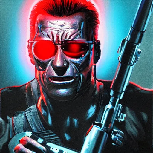 Prompt: The Terminator model 101 stands tall in club \'Tech Noir\' pointing an UZI 9mm sub machine gun at his targets forehead, The red laser sights can be seen through the dry ice. detailed, digital painting, artstation, concept art, smooth, sharp focus, illustration, in the style of artgerm and greg rutkowski and alphonse mucha