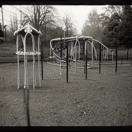 Prompt: an eerie photo of an abandoned children's playground from the 1 9 9 0 s at night, disposable film