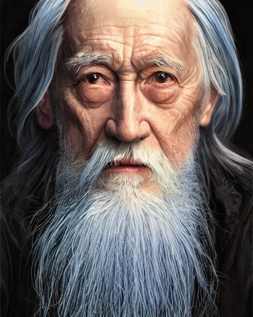 Prompt: portrait of 8 0 - year - old man, with blue eyes, very long silver hair, and very long silver beard, dumbledore, wearing in black cloak, hyper realistic face, beautiful eyes, fantasy art, in the style of greg rutkowski, intricate, alphonse mucha, hyper detailed, smooth