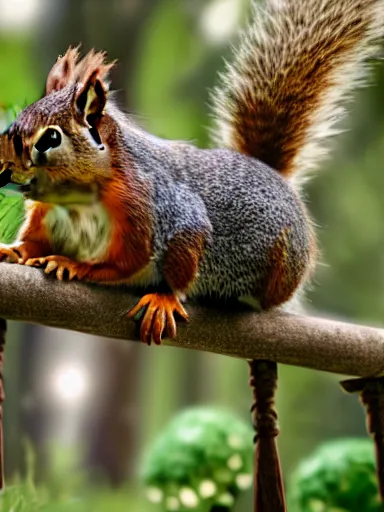 Prompt: the squirrel king, extremely plump, wearing crown of acorns and dandelions, servant squirrels, king arthur's court, low angle, palace, fantasy art, cinematic lighting, realistic, sony 2 4 mm f 4. 0