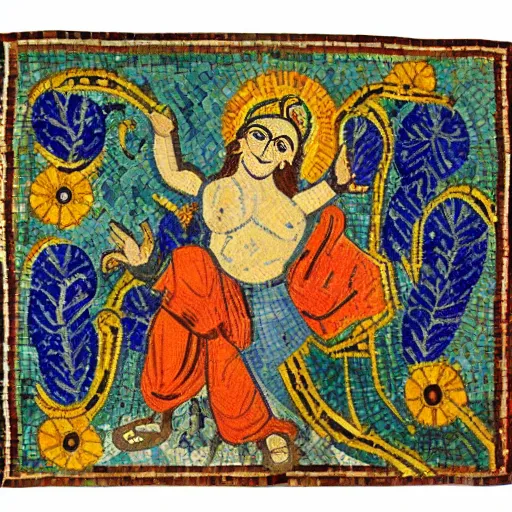 Image similar to a beautiful roman mosaic of the god krishna un the style of vincent van gogh