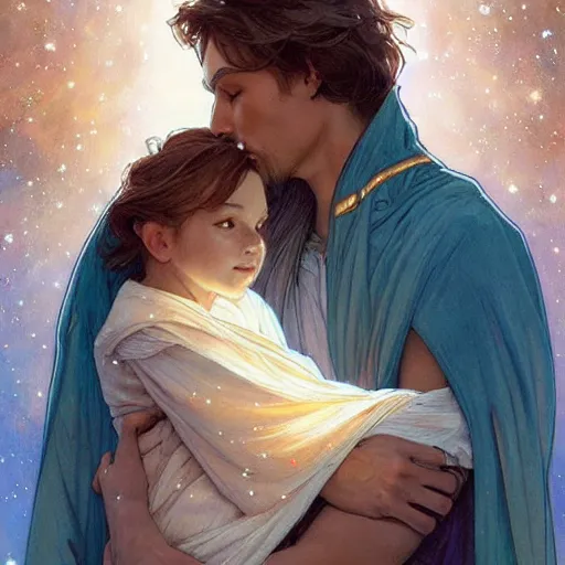 Prompt: a great father made of stardust, wearing a cloak of stars, embracing his wife, with a small illuminated child in his arms.. beautiful painting by artgerm and greg rutkowski and alphonse mucha