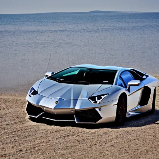 Image similar to A beautiful silver Lamborghini aventador on the beach, 8k, beautiful reflection