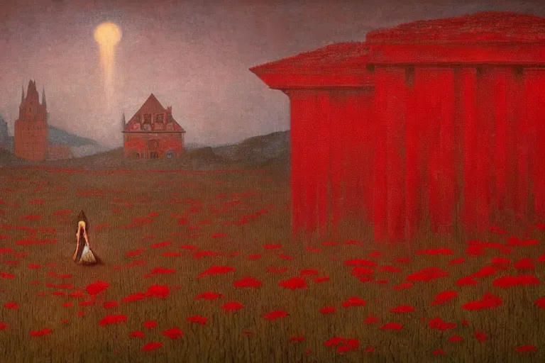 Image similar to only with red, red flowers of different types, a red tiger, a castle in the background, medieval demons dance over the flowers, an ancient path, in the style of beksinski, part by hopper, part by rodcenko, part by hofbauer, intricate composition, red by caravaggio, insanely quality, highly detailed, masterpiece, red light, artstation