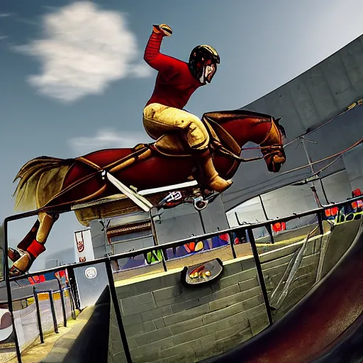 Prompt: roman horse-drawn chariot racer high jumping in a skate park half-pipe, video game cover, intense, high detail, crowd cheering, style of Tony Hawk