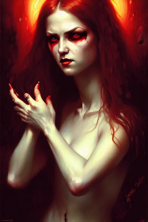 Prompt: young vampire woman portrait by anna podedworna, greg rutkowski, gaston bussiere, simon bisley