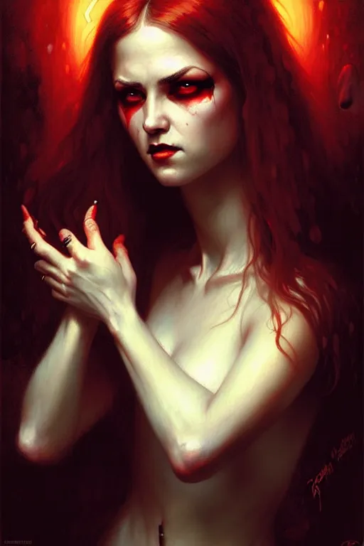 Image similar to young vampire woman portrait by anna podedworna, greg rutkowski, gaston bussiere, simon bisley