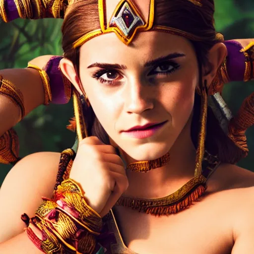 Image similar to Emma Watson modeling as Urbosa from Zelda, (EOS 5DS R, ISO100, f/8, 1/125, 84mm, postprocessed, crisp face, facial features)