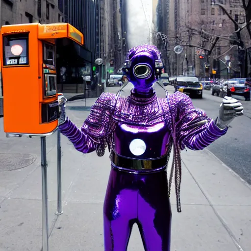 Prompt: nyc street photo, a futuristic android with limbs made out of stretchy rubber tubing mixed with shiny colorful giant intricate detailed chrome gauntlets and chest piece and discoball mask, wearing a long purple velvet cape, talking on a payphone, fog and mist