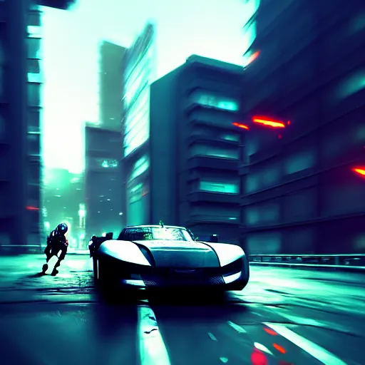 Image similar to cyberpunk dodging a moving car, in the style of greg rutkowski