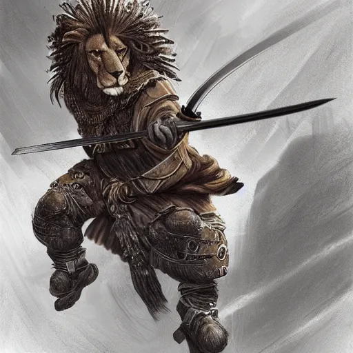 Prompt: medieval lion warrior fighting with a sword, book cover, digital art, detailed, realistic, artstation