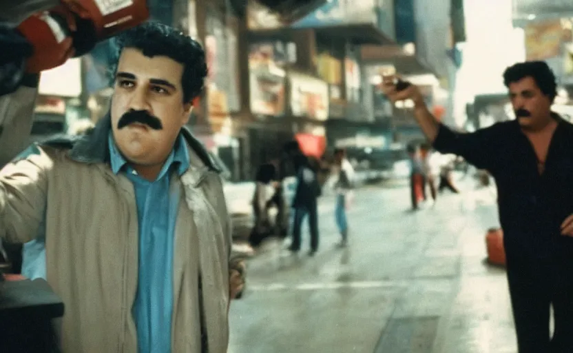 Image similar to pablo escobar selling coke in metaverse. cinestill, cyberpunk.